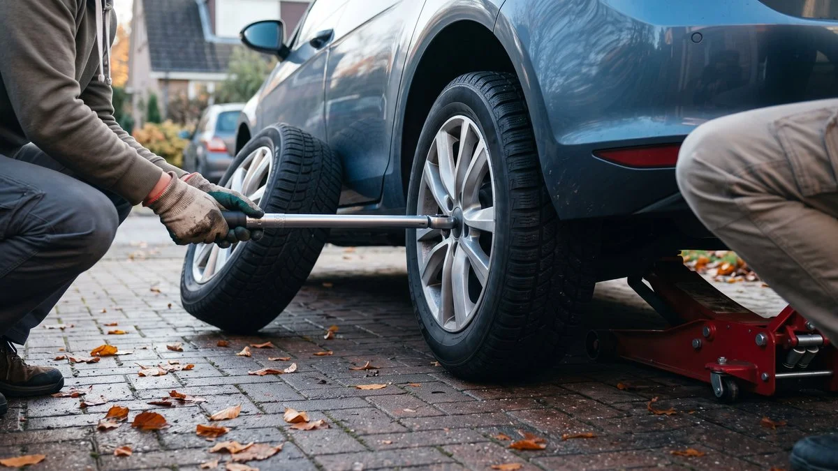 Monteur wisselt een wiel van een auto, voor Original Car Parts